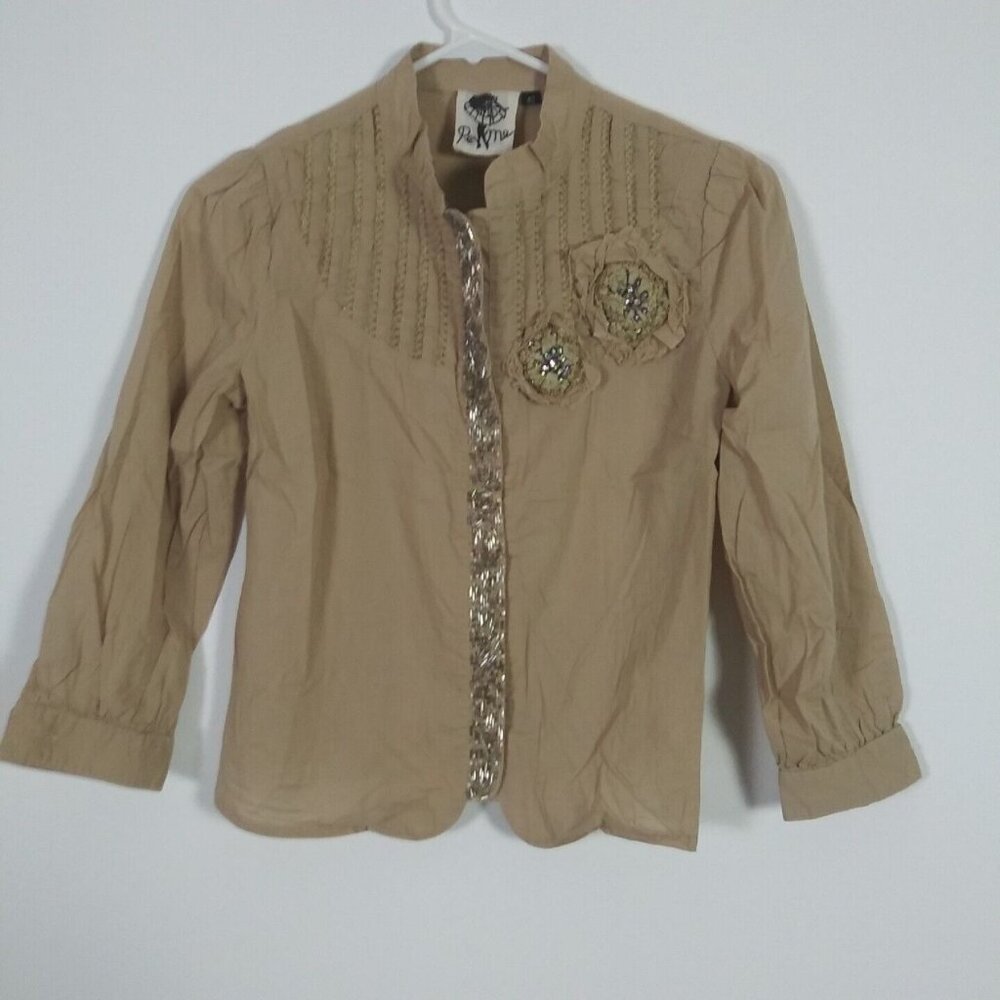 Per me Womens Beaded Embellished Blouse Top Size 40 Beige 3/4 Sleeve Snap Front